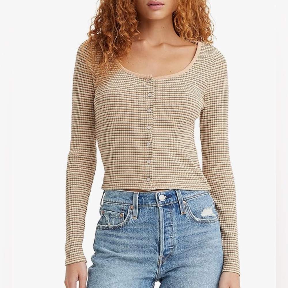 Levi’s Pearl Snap Button Long Sleeve Henley Top Striped Casual Womens Size Large